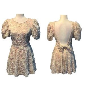 Just Me Ivory 3D Lace with Pink Underlay Backless Mini Dress Bow Puff Sleeves S